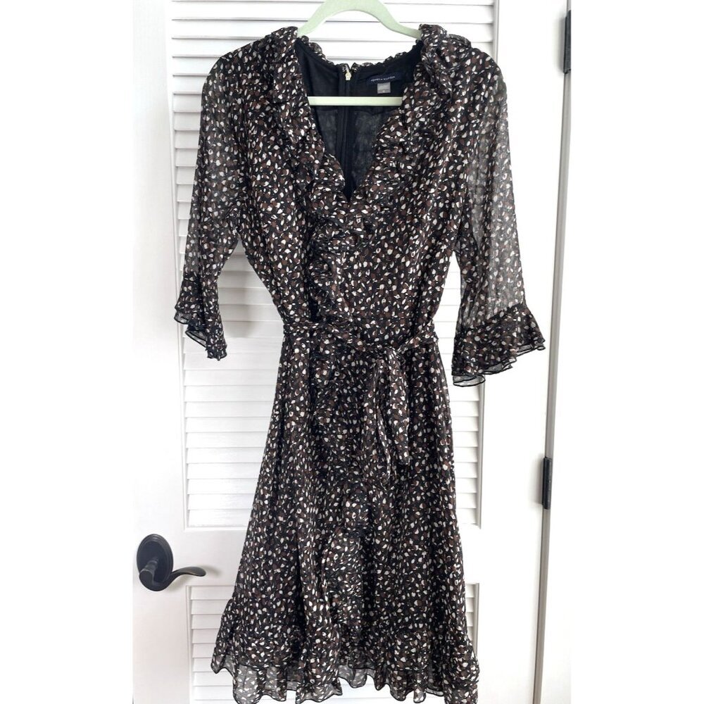 Tommy Hilfiger Black Brown and White Flowy Dress With Ruffles Women's Sz 10,